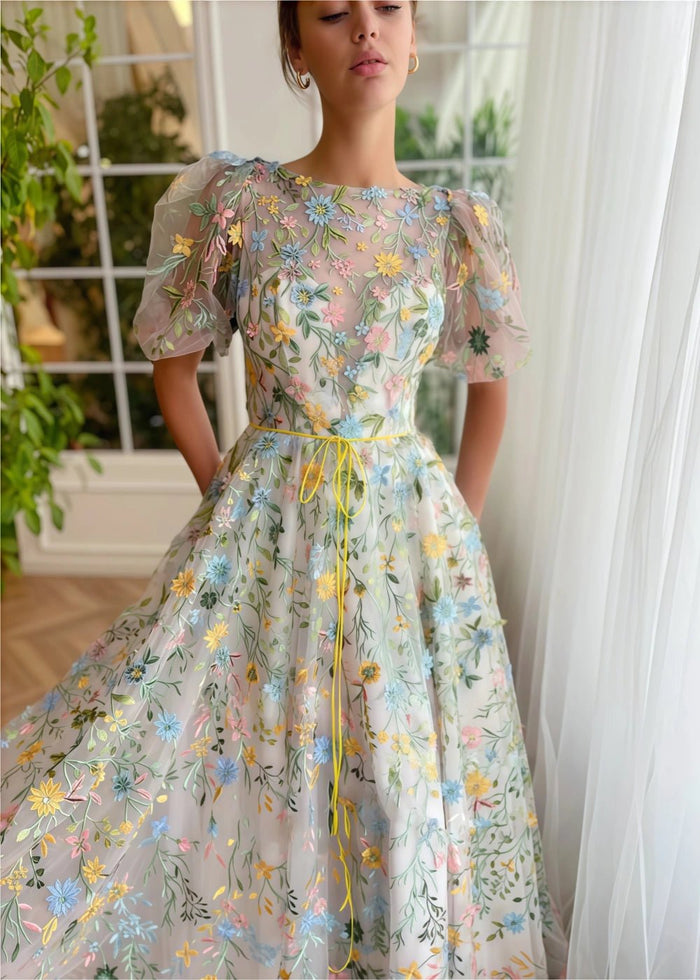 Ivy | Enchanting White Floral High Neck Short Sleeve Prom Dress - White Floral - PromDressClub