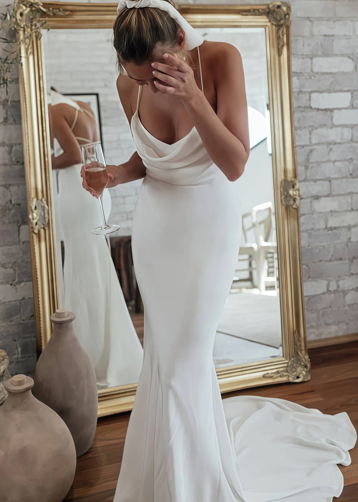Ivy | White Backless Spaghetti Strap Mermaid Wedding Dress - White - PromDressClub