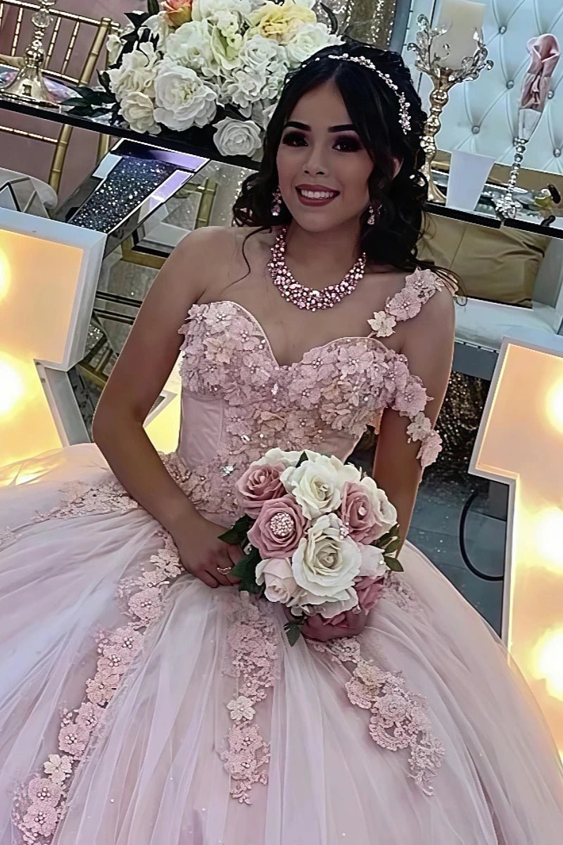 Jacqueline | Elegant Pink Quinceanera Dresses with Flower Embellishments for 15th Birthday - Light Pink - PromDressClub