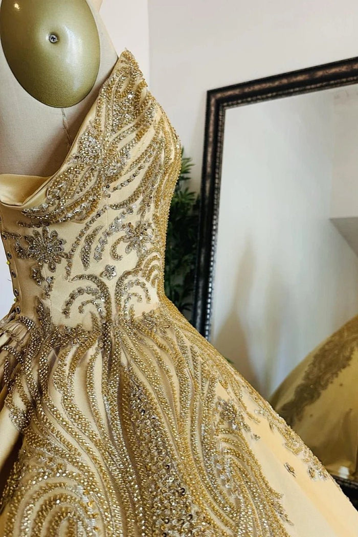 Jacqueline | Radiant Gold Quince Dresses with Luxurious Satin Elegance - Gold - PromDressClub