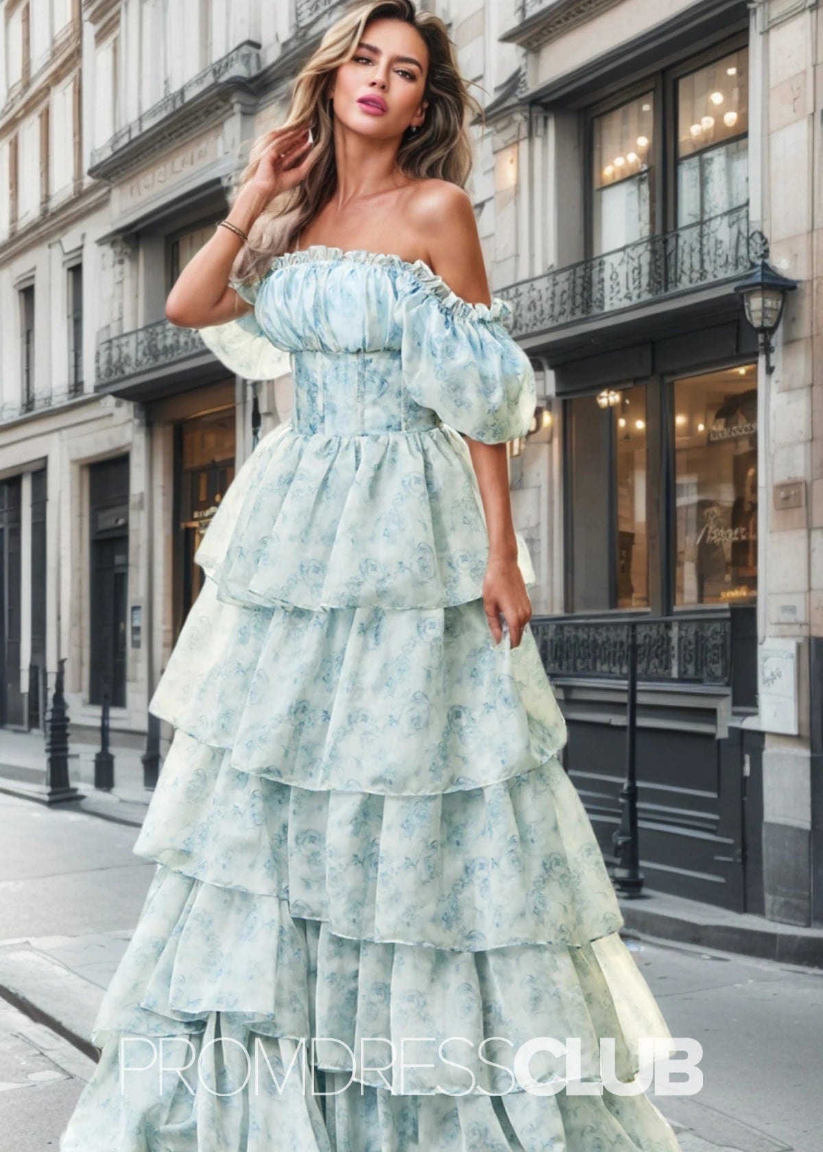 Jacqueline | Tiered Corset Light Blue Floral Long Formal Dress with Ruffles - Light Blue Floral - PROMDRESS Club