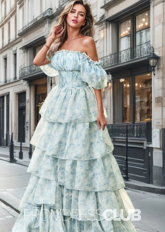 Jacqueline | Tiered Corset Light Blue Floral Long Formal Dress with Ruffles - Price #price_variant_lowest# - Light Blue Floral - PromDressClub