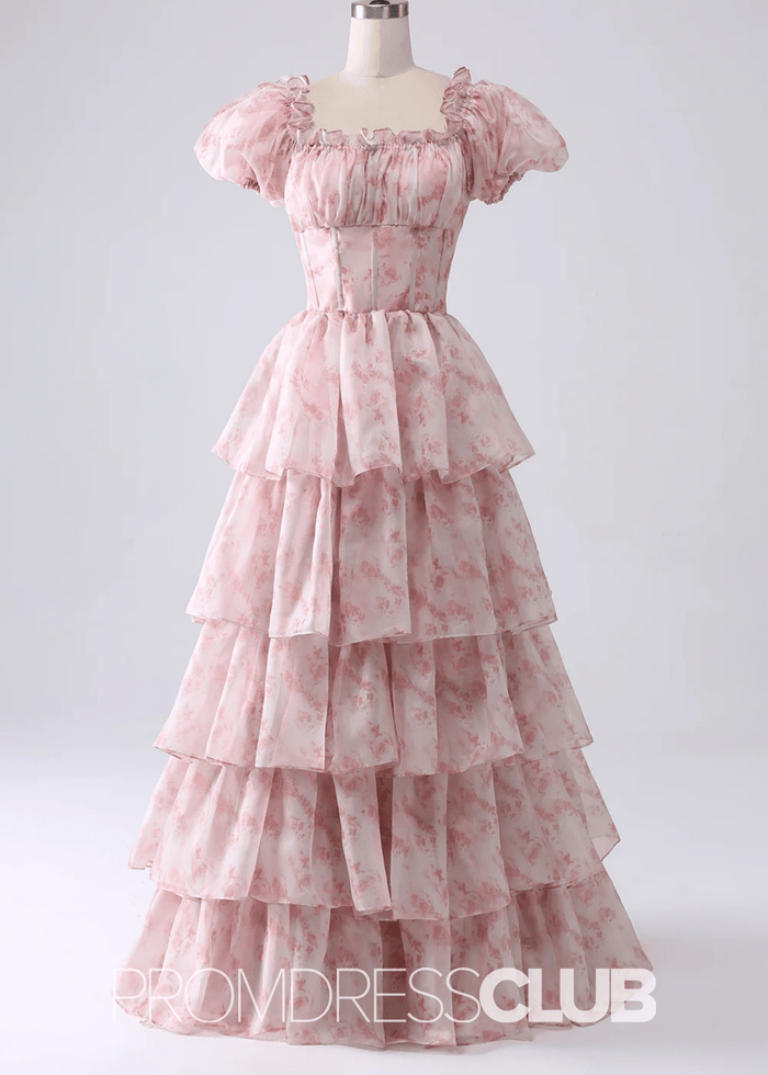 Jacqueline | Tiered Corset Light Blue Floral Long Formal Dress with Ruffles - Price #price_variant_lowest# - Pink Floral - PromDressClub