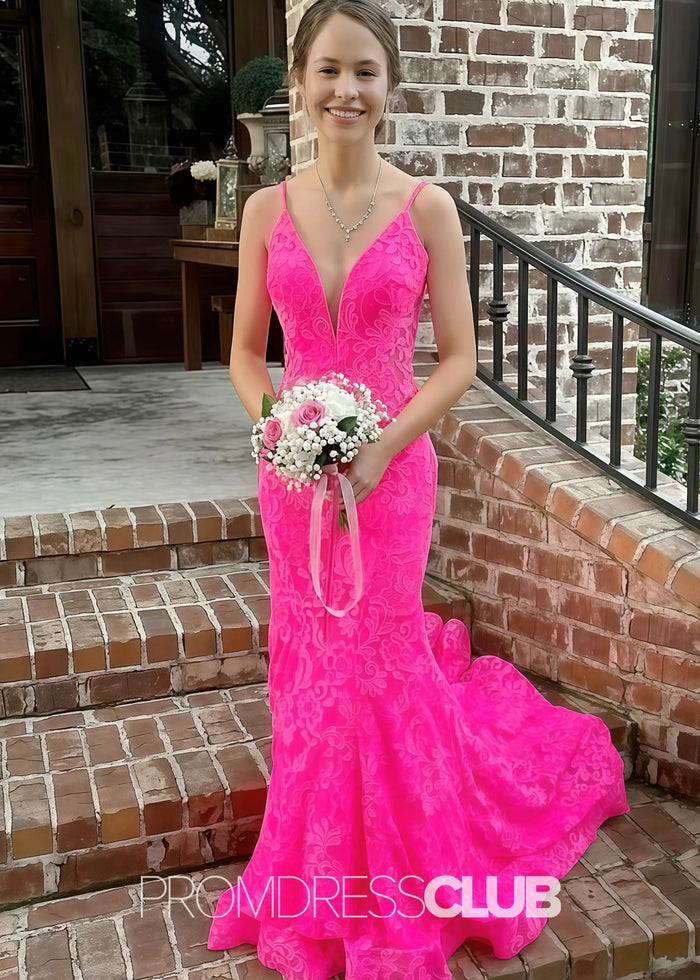 Jamie |Hot Pink Long Prom Dresses Near Me With Mermaid Strapless Trumpet Lace Open Back - Price #price_variant_lowest# - Hot Pink - PromDressClub