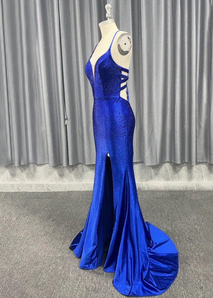 Jamie | Mermaid Royal Blue V Neck Spaghetti Strap Beaded Formal Dress with Slit - Royal Blue - PromDressClub