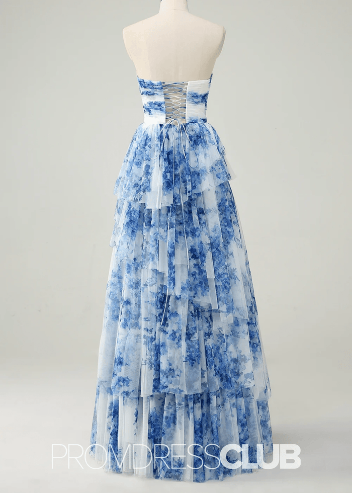 Jamie | Strapless Tiered White Blue Flower Long Prom Dress - Price #price_variant_lowest# - Blue Floral - PromDressClub