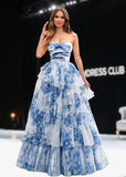 Jamie | Strapless Tiered White Blue Flower Long Prom Dress - Blue Floral - PROMDRESS Club