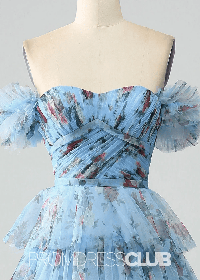 Jane | A Line Lavender Floral Long Prom Dress with Ruffles - Price #price_variant_lowest# - Blue Floral - PromDressClub