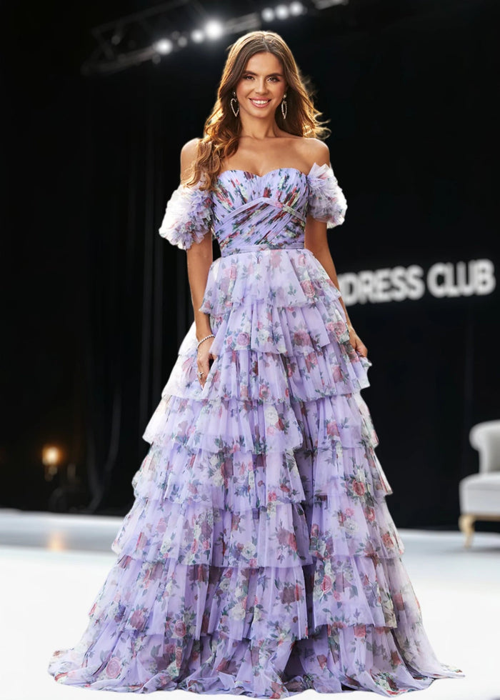 Jane | A Line Lavender Floral Long Prom Dress with Ruffles - Price #price_variant_lowest# - Lavender Floral - PromDressClub