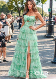 Janet | A Line Strapless Green Floral Long Formal Dress with Ruffles - Green Floral - PROMDRESS Club