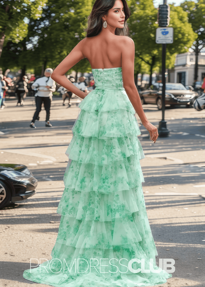 Janet | A Line Strapless Green Floral Long Formal Dress with Ruffles - Price #price_variant_lowest# - Green Floral - PromDressClub