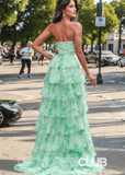 Janet | A Line Strapless Green Floral Long Formal Dress with Ruffles - Green Floral - PROMDRESS Club