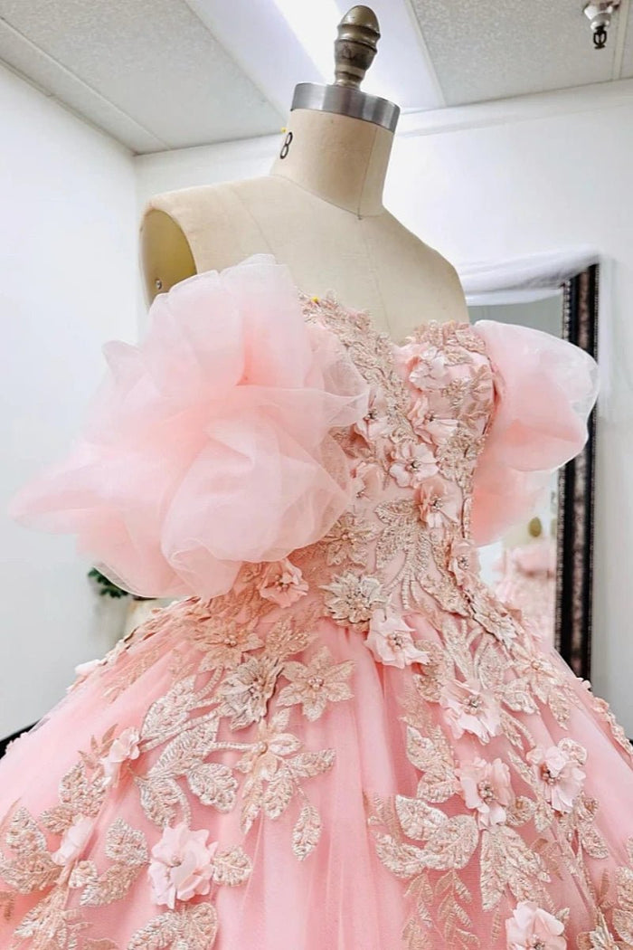 Janet | Dreamy Pink Quince Dresses with Floral Sleeve Elegance - Light Pink - PromDressClub
