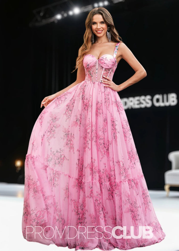 Janet | Pink Floral Sweetheart Pleated Long Prom Dress - Pink Floral - PromDressClub