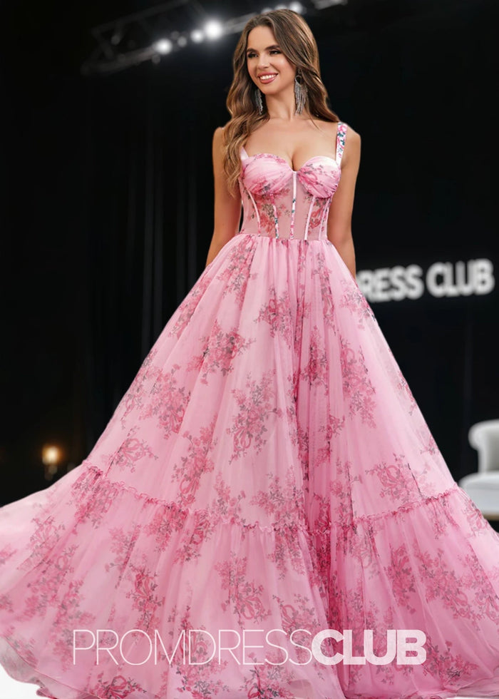 Janet | Pink Floral Sweetheart Pleated Long Prom Dress - Pink Floral - PromDressClub