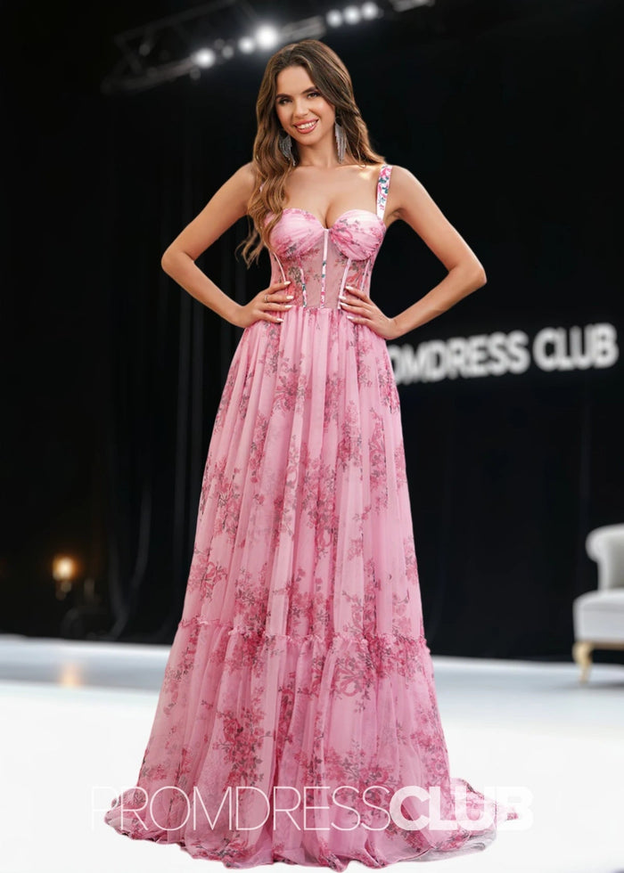 Janet | Pink Floral Sweetheart Pleated Long Prom Dress - Price #price_variant_lowest# - Pink Floral - PromDressClub
