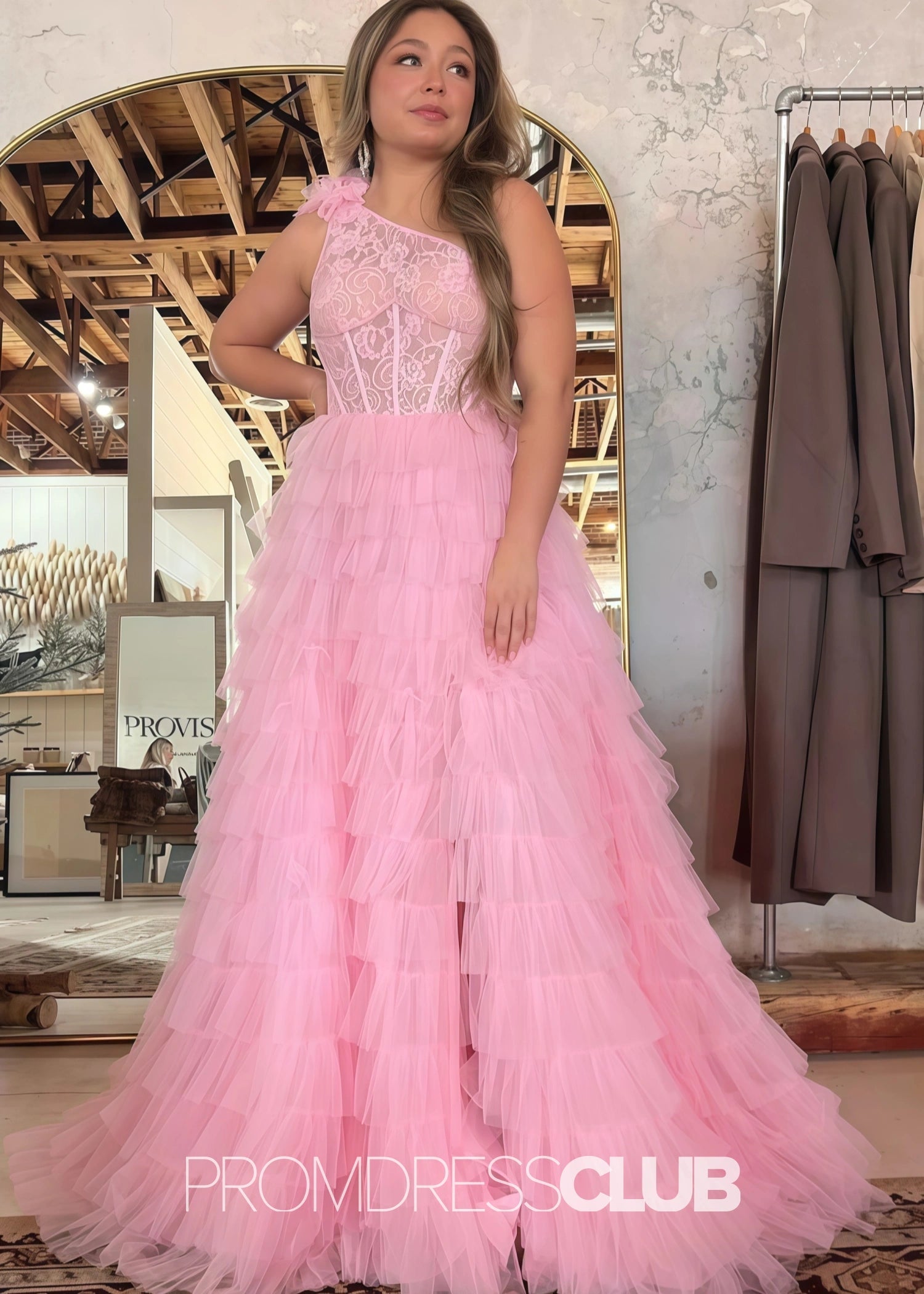 Janice |Black Long Prom Dresses Near Me With One Shoulder Lace A Line Tiered Ruffles High Slit - Pink - US0 - PromDressClub