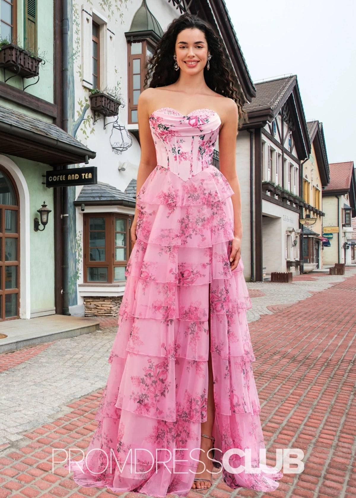 Janice | Strapless Corset Pink Floral Long Prom Dress - Blush Floral - PROMDRESS Club