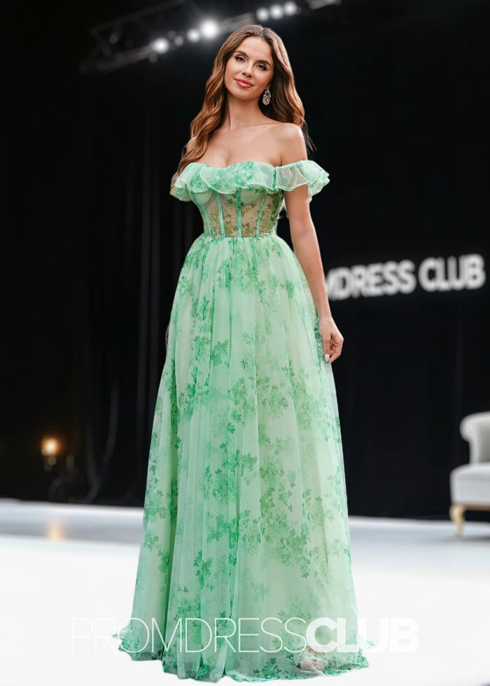 Jean | A Line Green Floral Long Prom Dress - Green Floral - PromDressClub