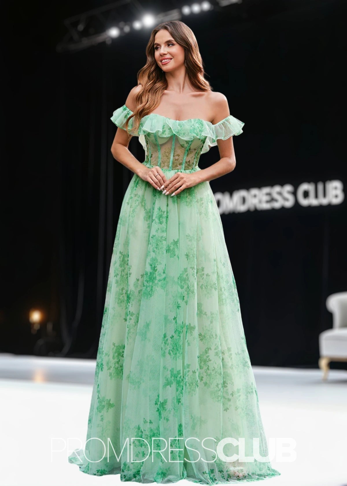 Jean | A Line Green Floral Long Prom Dress - Green Floral - PROMDRESS Club