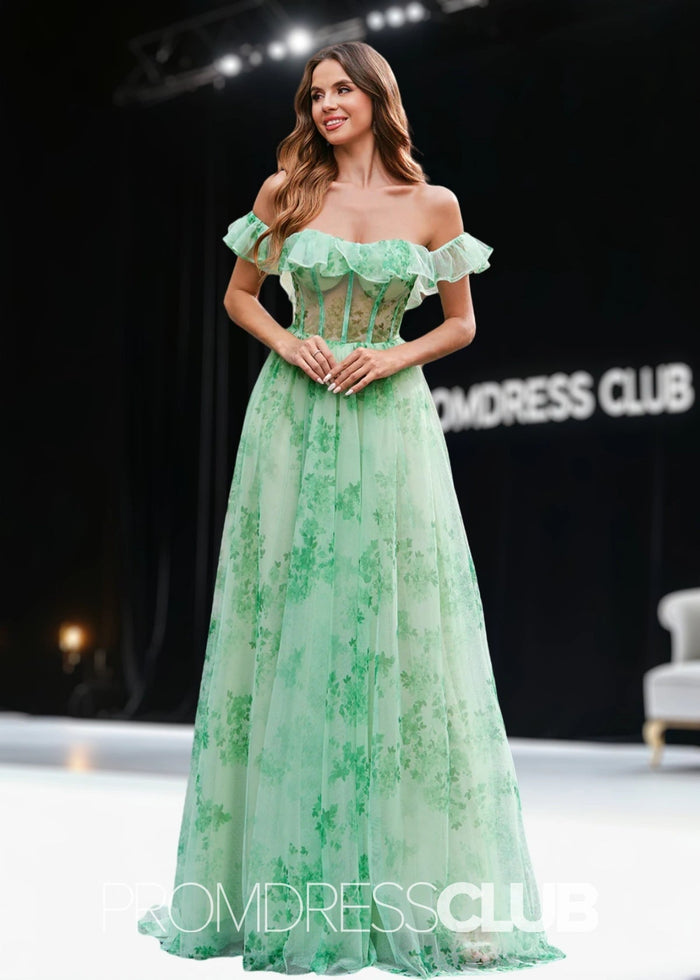 Jean | A Line Green Floral Long Prom Dress - Green Floral - PromDressClub