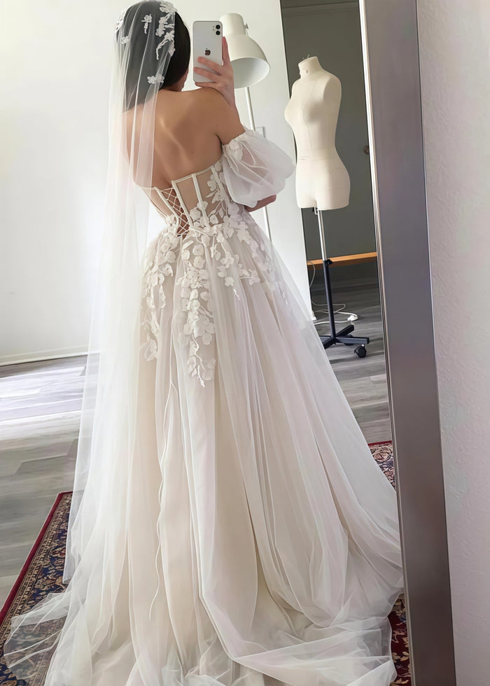 Jean | Enchanting Off the Shoulder Ball Gown Lace White Wedding Dress with Appliques Lace - White - PromDressClub