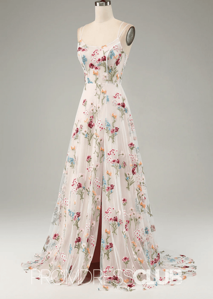 Jean | Ivory Flower A - Line Spaghetti Straps Maxi Formal Dress with Slit - Ivory Floral - PromDressClub