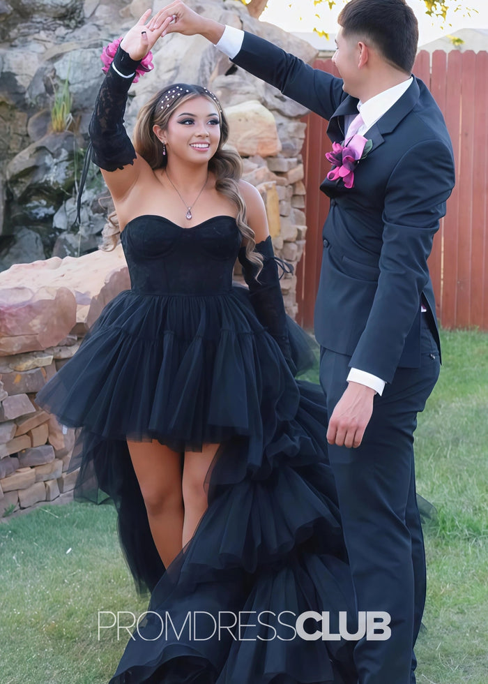 Jean |Long Hot Pink Prom Dresses Near Me With A Line Sweetheart Lace Corset Tiered Ruffles High Slit - Price #price_variant_lowest# - Black - PromDressClub