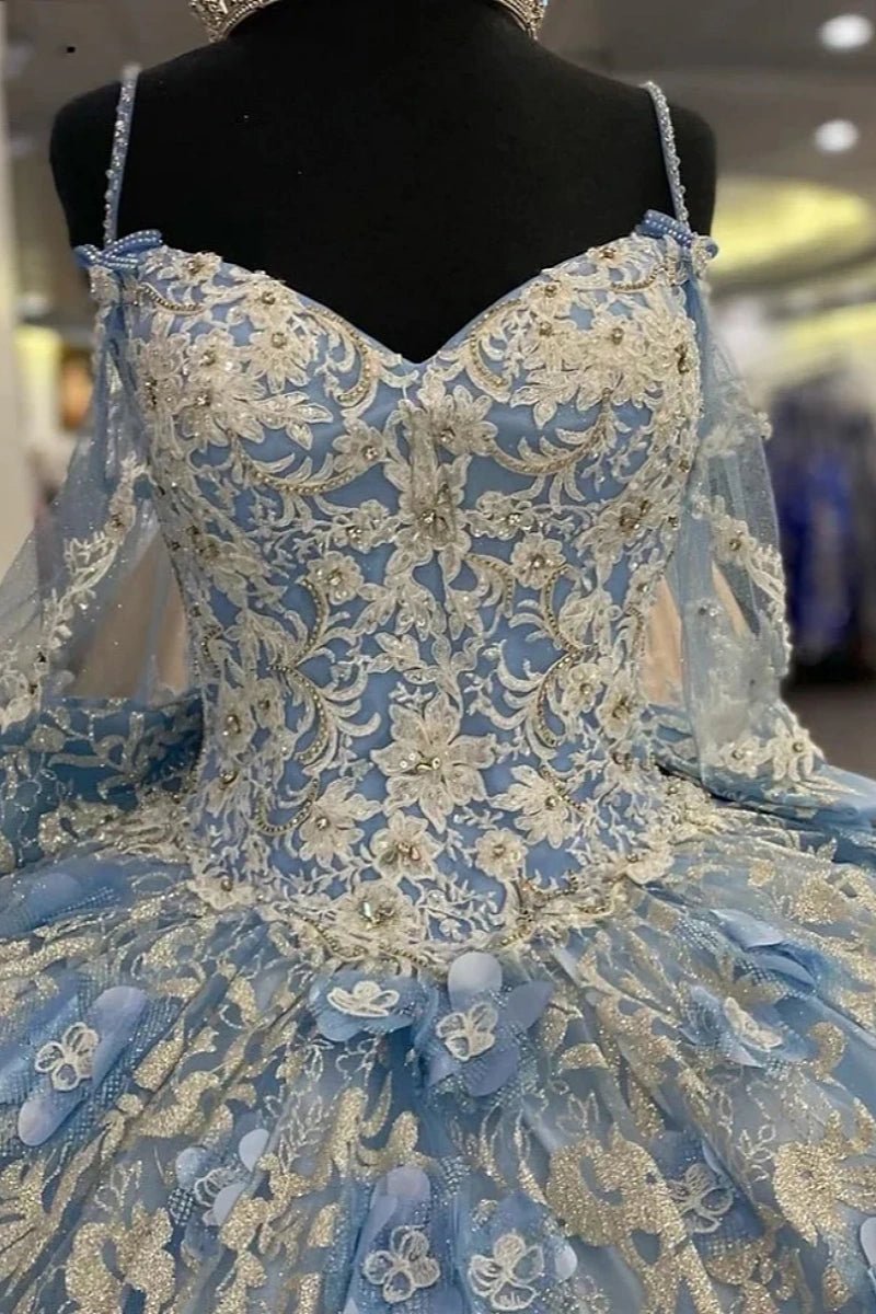 Jeanette | Exquisite Blue and Gold Quince Dresses with Glitter Elegance - Light Blue - PromDressClub