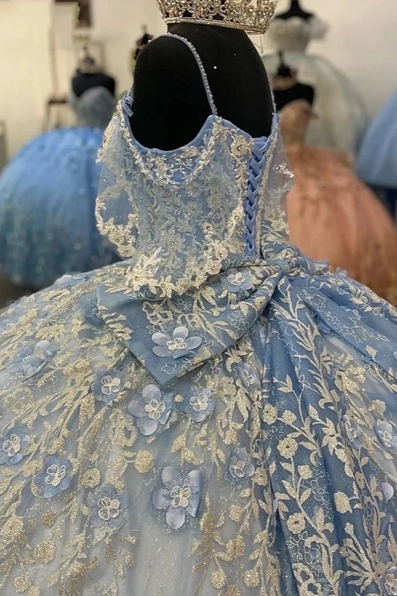 Jeanette | Exquisite Blue and Gold Quince Dresses with Glitter Elegance - Light Blue - PromDressClub