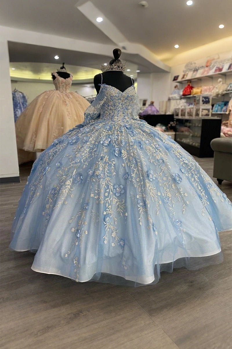 Jeanette | Exquisite Blue and Gold Quince Dresses with Glitter Elegance - Light Blue - PromDressClub