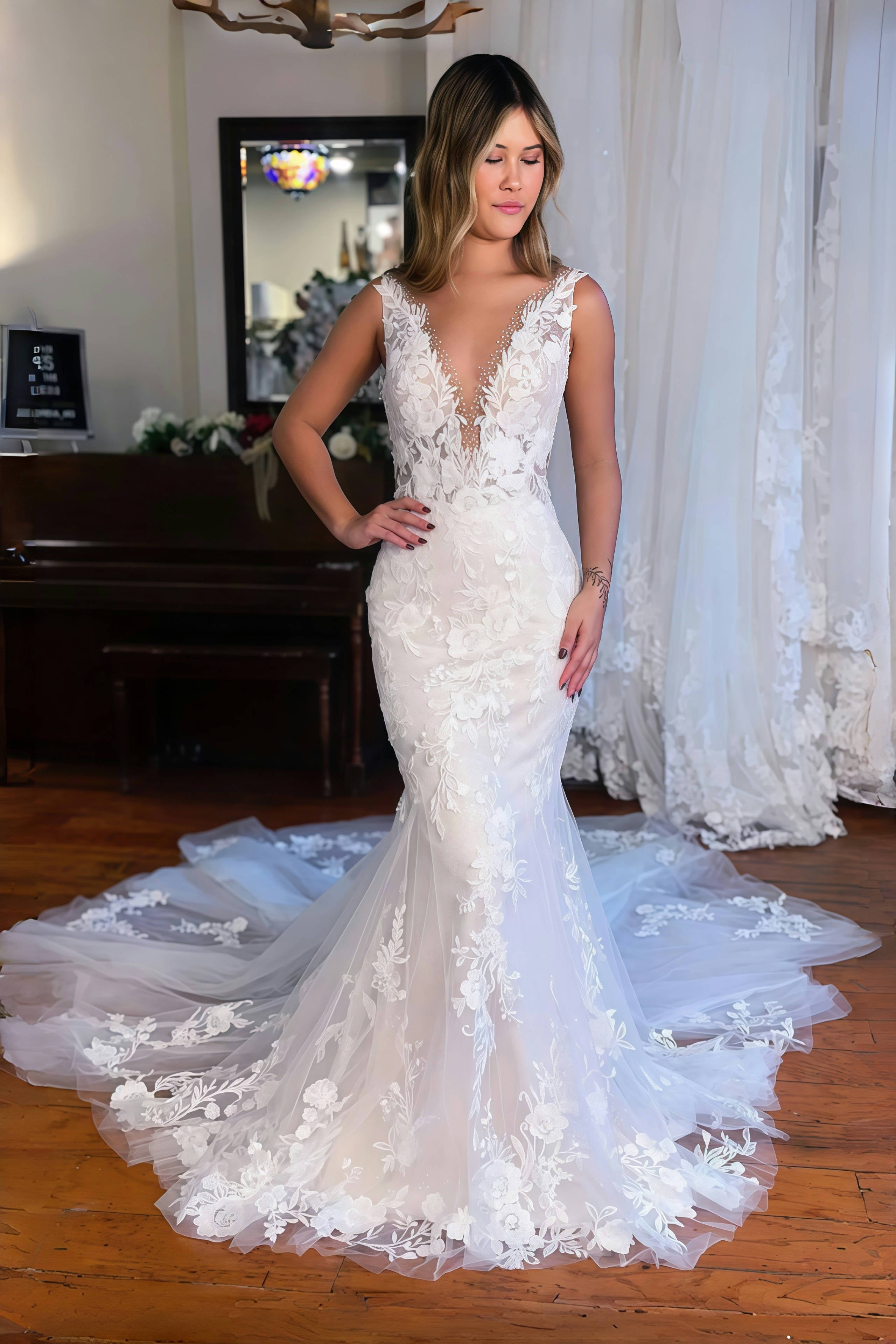 Jennifer | Elegant V Neck Lace Mermaid Wedding Dress with Long Train - White - PROMDRESS Club