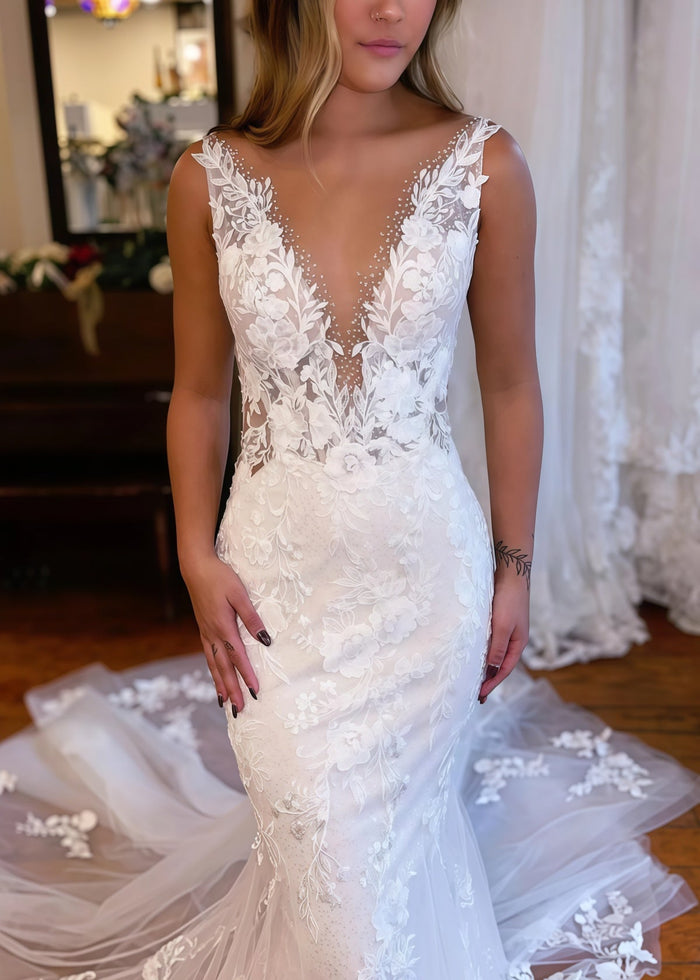 Jennifer | Elegant V Neck Lace Mermaid Wedding Dress with Long Train - White - PromDressClub