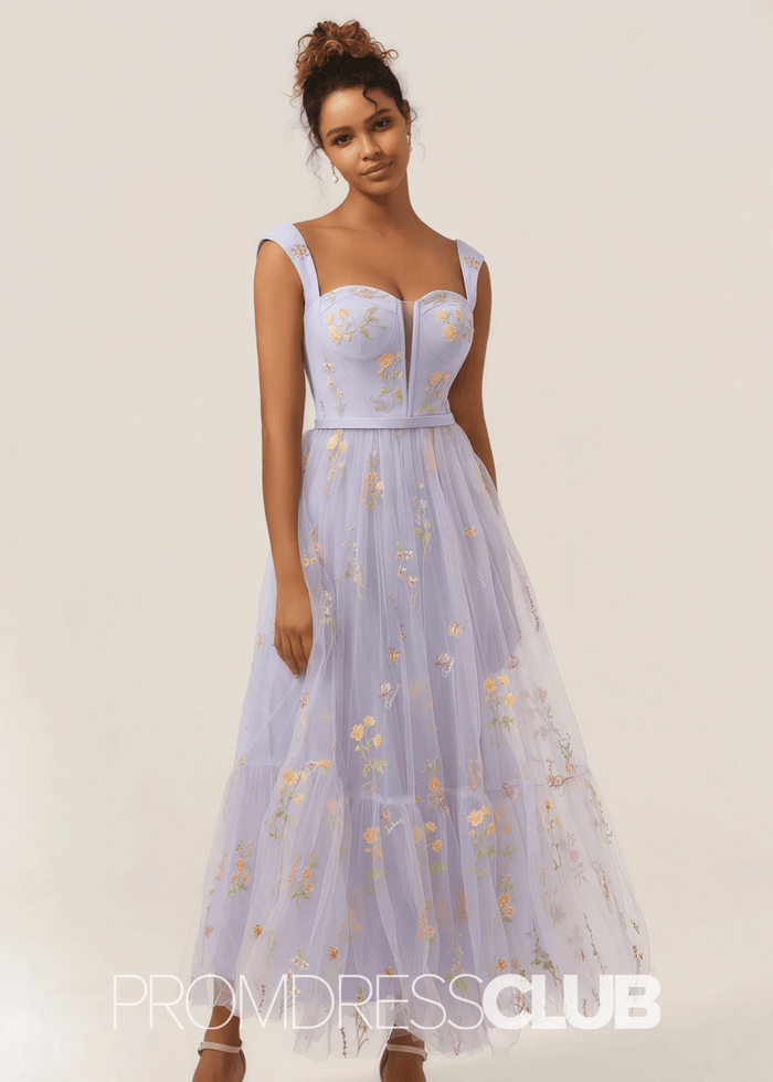 Jennifer | Light Purple Floral A Line Sweetheart Midi Prom Dress - Light Purple Floral - PromDressClub