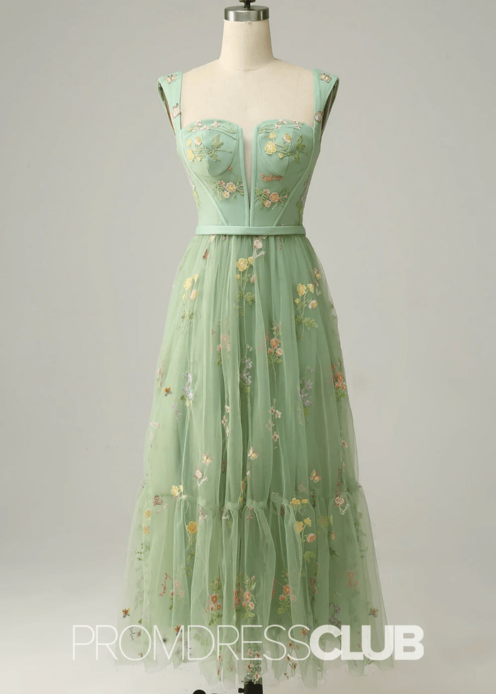 Jennifer | Light Purple Floral A Line Sweetheart Midi Prom Dress - Sage Floral - PromDressClub