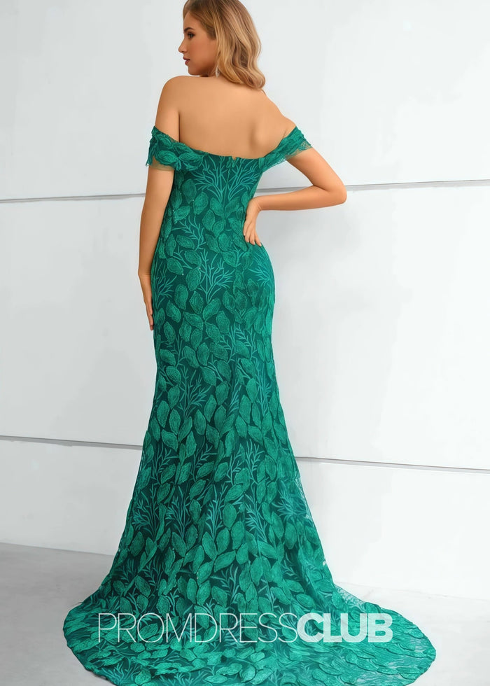 Jennifer |Long Green Prom Dresses Near Me With Mermaid Lace Off The Shoulder - Price #price_variant_lowest# - Green - PromDressClub