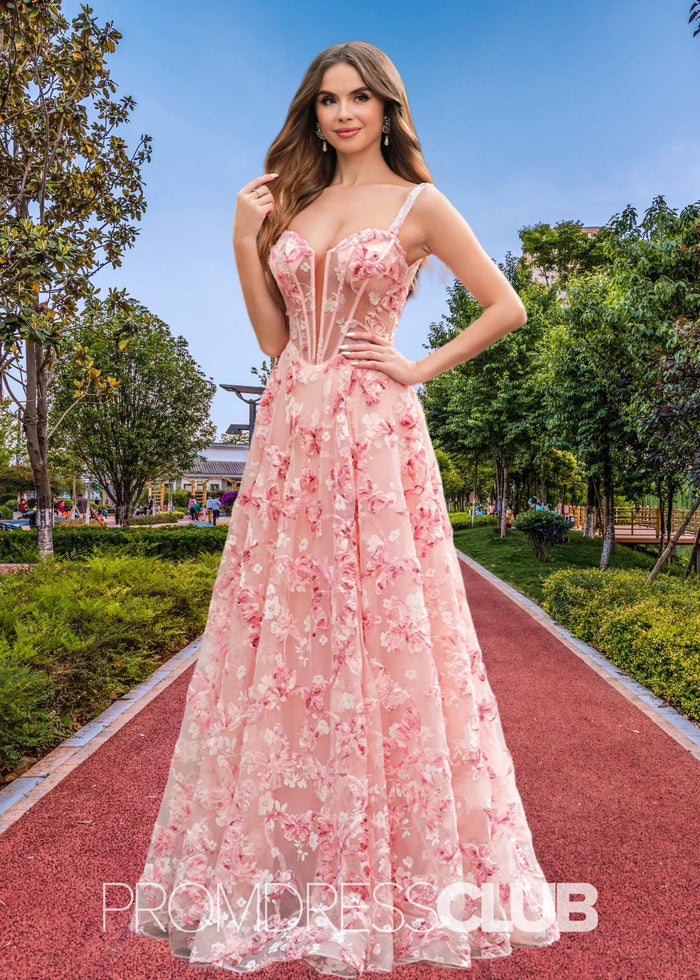 Jenny | Pink Floral A - Line Corset Slit Maxi Prom Dress - Price #price_variant_lowest# - Pink Floral - PromDressClub