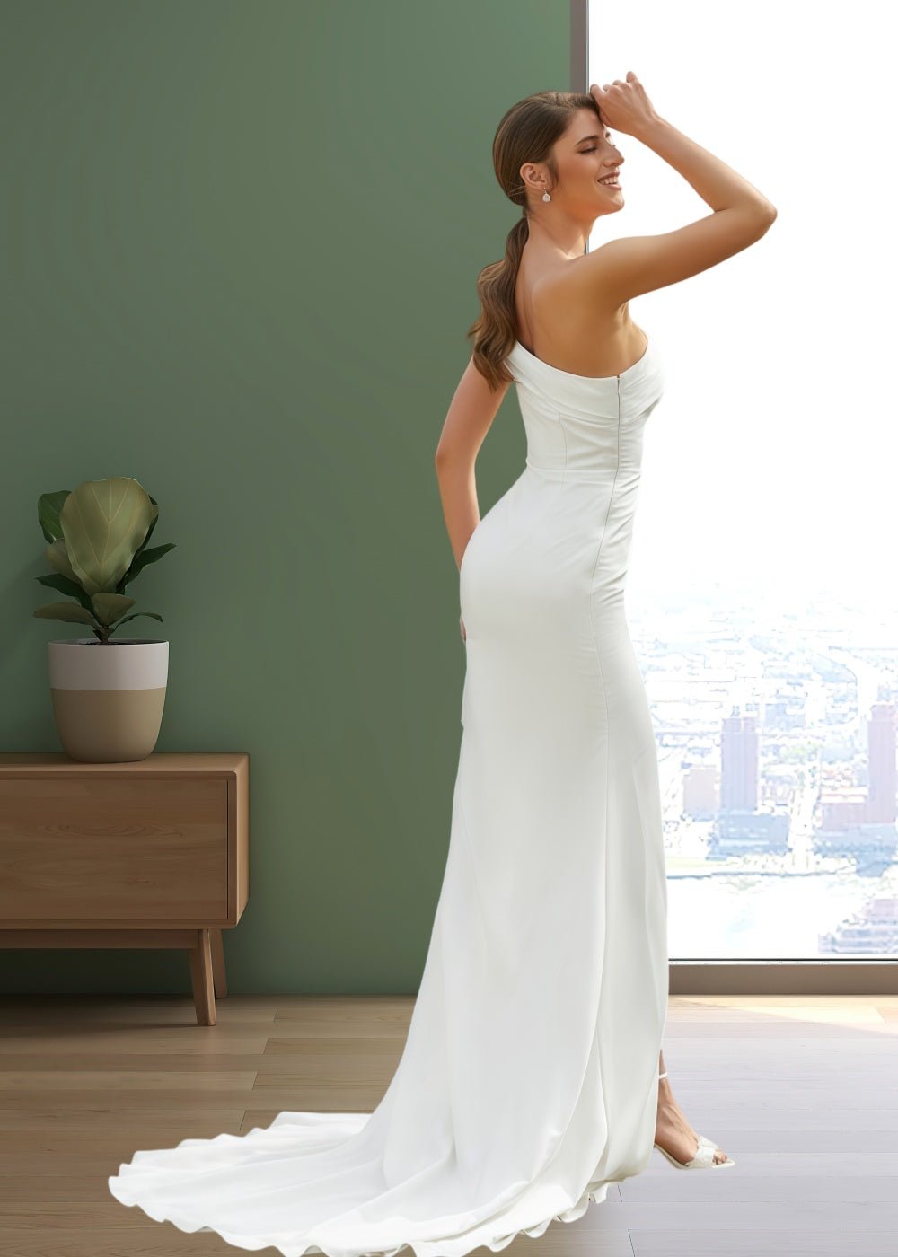 Jenny | Sheath/Column Satin Ruched One shoulder Ivory Wedding Dress Train with Slit - Ivory - PromDressClub