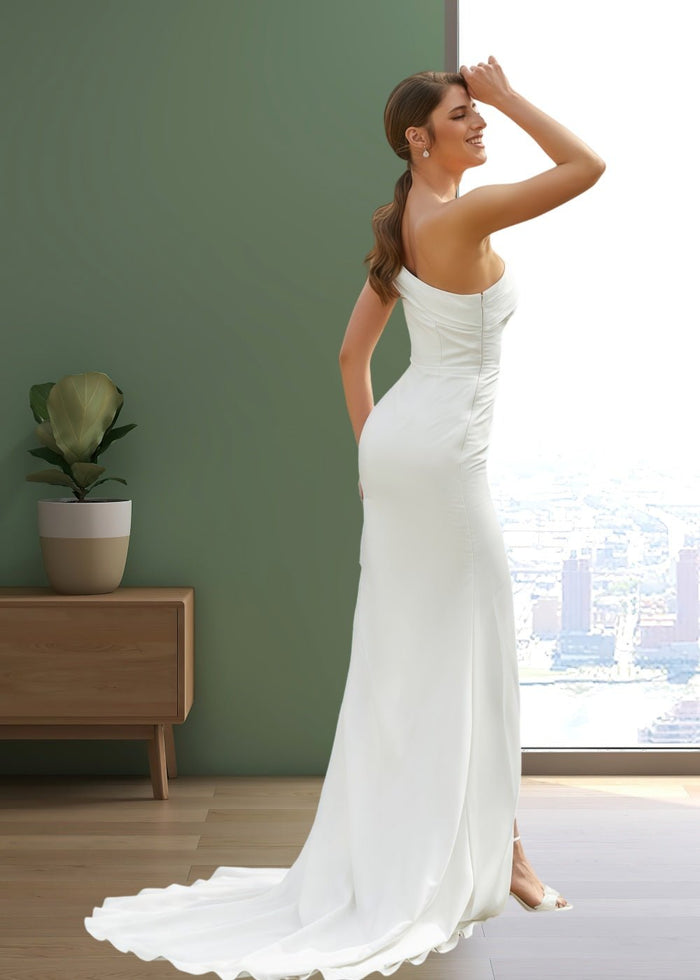 Jenny | Sheath/Column Satin Ruched One shoulder Ivory Wedding Dress Train with Slit - Ivory - PromDressClub