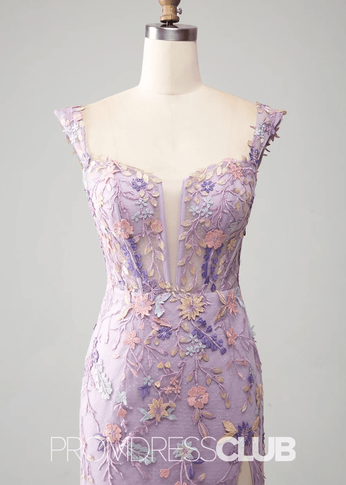 Jessica | Light Purple Floral Mermaid Embroidered Long Prom Dress - Light Purple Floral - PromDressClub