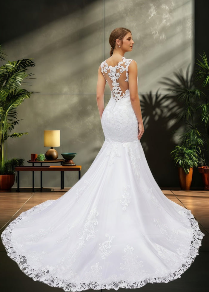 Jessica | Trumpet/Mermaid Tulle Lace Scoop White Wedding Dress Court Train - Romantic and Alluring Bridal Gown - White - PromDressClub