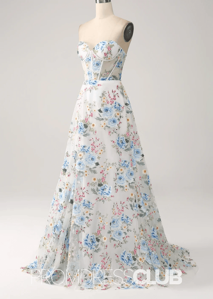 Jessie | Ivory Floral Sweetheart A Line Long Prom Dress - Ivory Floral - PromDressClub
