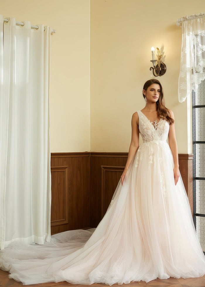 Jill | A Line/Princess V Neck Backless Wedding Dress with Applique Lace - Timeless Bridal Elegance - Ivory - PromDressClub