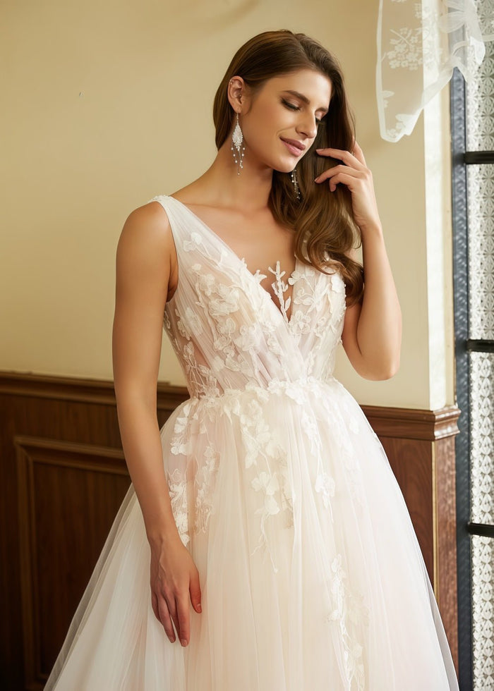 Jill | A Line/Princess V Neck Backless Wedding Dress with Applique Lace - Timeless Bridal Elegance - Ivory - PromDressClub
