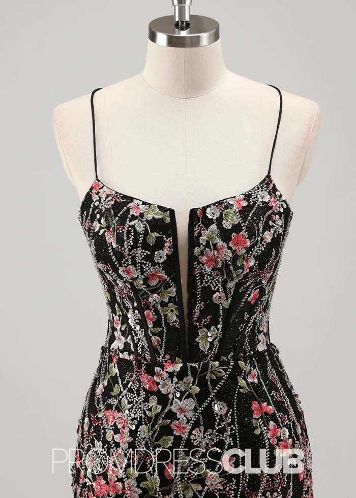 Jill | Light Blue Floral Mermaid Embroidered Tulle Prom Dress - Price #price_variant_lowest# - Black Floral - PromDressClub