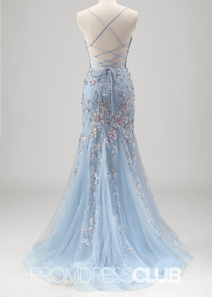 Jill | Light Blue Floral Mermaid Embroidered Tulle Prom Dress - Price #price_variant_lowest# - Light Blue Floral - PromDressClub