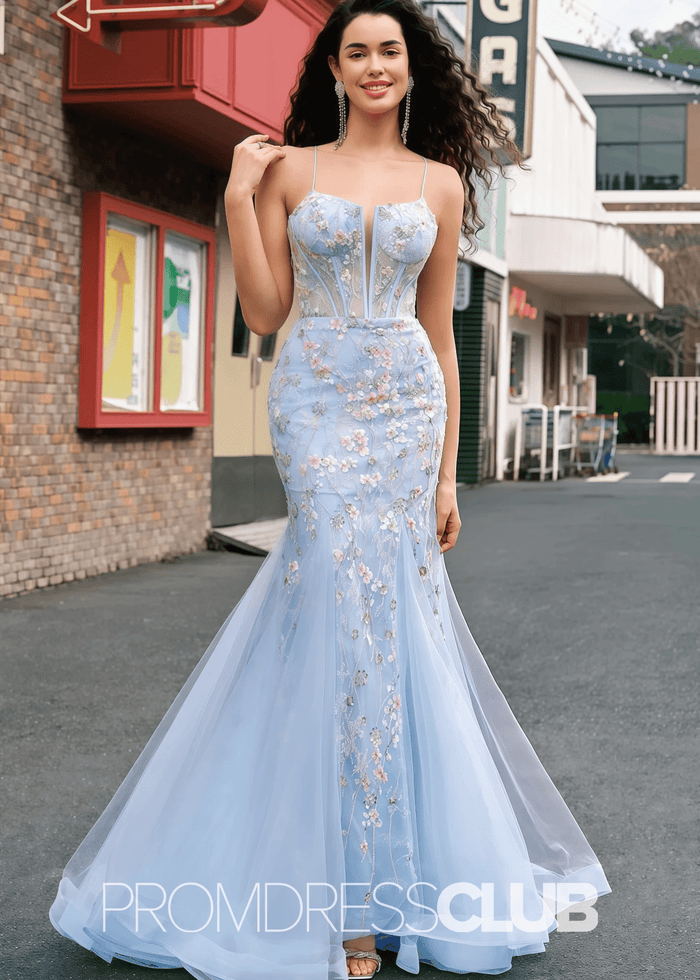 Jill | Light Blue Floral Mermaid Embroidered Tulle Prom Dress - Price #price_variant_lowest# - Light Blue Floral - PromDressClub