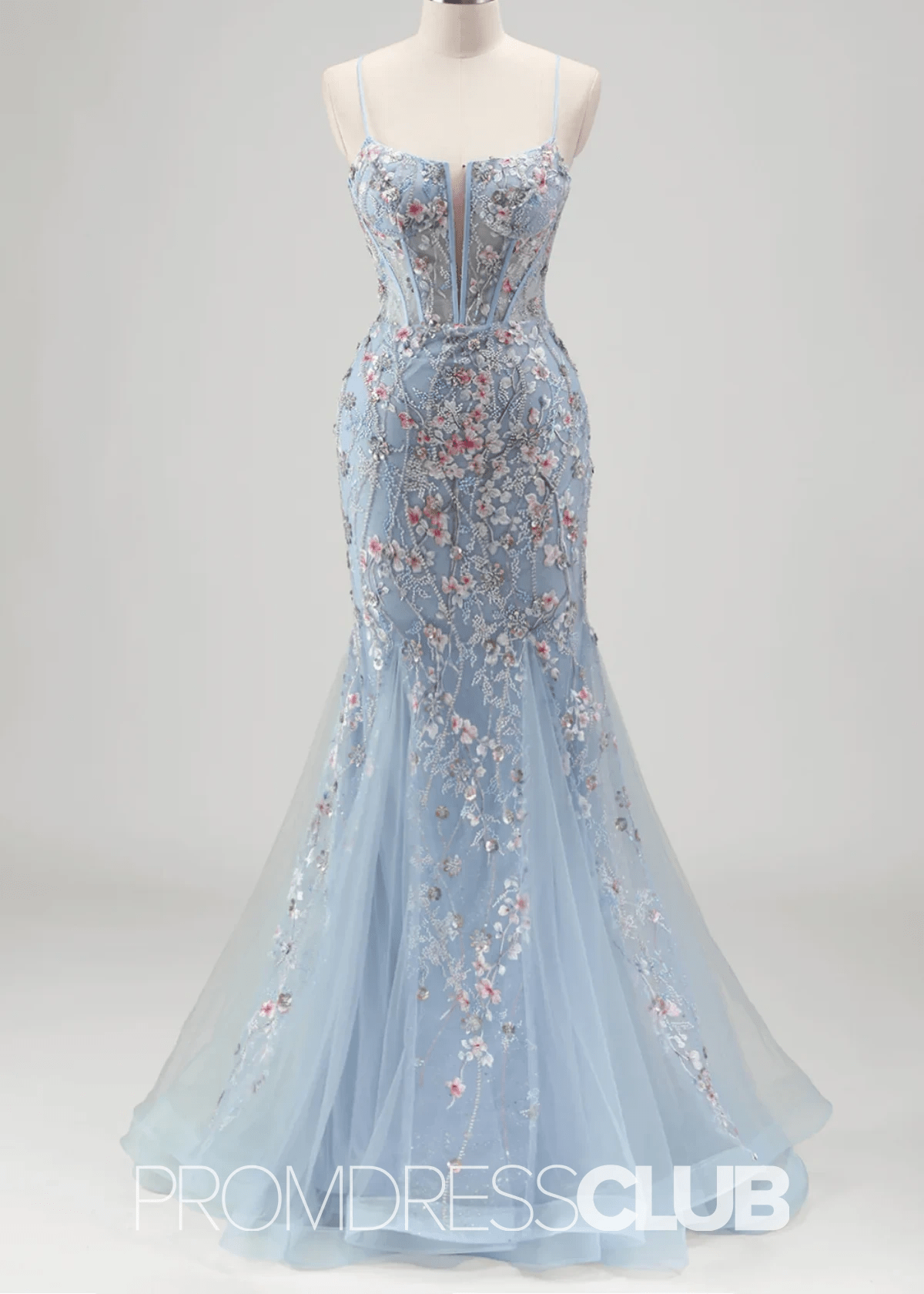 Jill | Light Blue Floral Mermaid Embroidered Tulle Prom Dress - Light Blue Floral - PROMDRESS Club