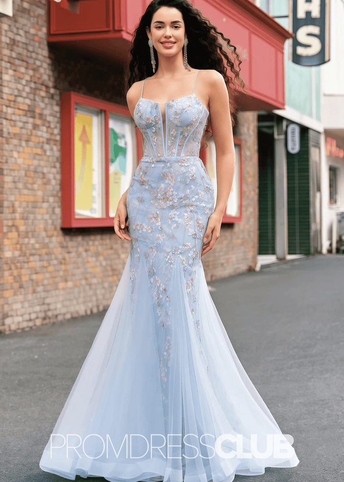 Jill | Light Blue Floral Mermaid Embroidered Tulle Prom Dress - Price #price_variant_lowest# - Light Blue Floral - PromDressClub