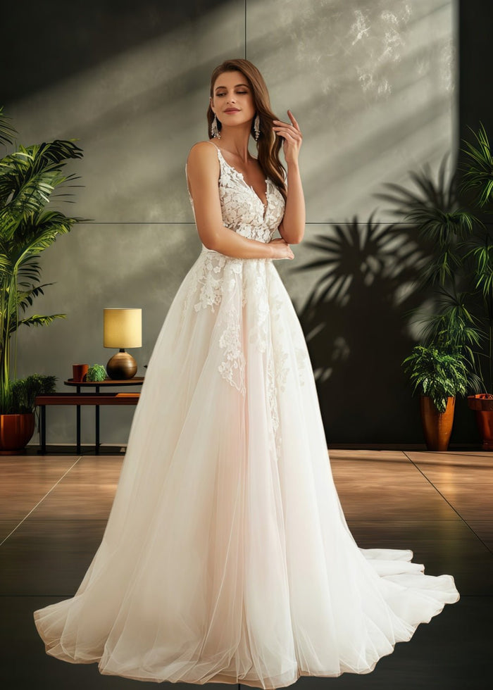 Jo | V Neck Princess Sleeveless Applique Lace Wedding Dress Train - A Blend of Allure and Elegance - White - PromDressClub